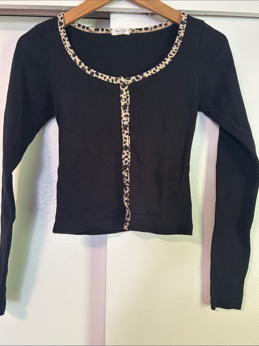 Brandy Melville-John Galt Black CroppedScoop Neck Top with Leopard Trim